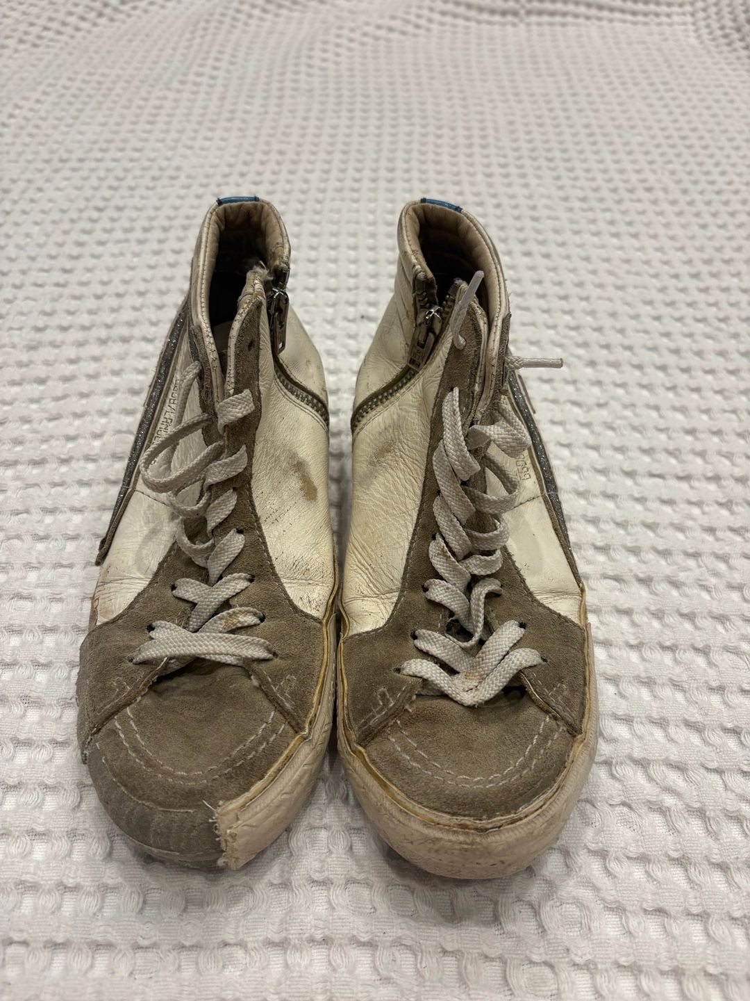 Golden Goose Slide High-Top Sneakers White Leather and Grey Suede with Side Zip 7