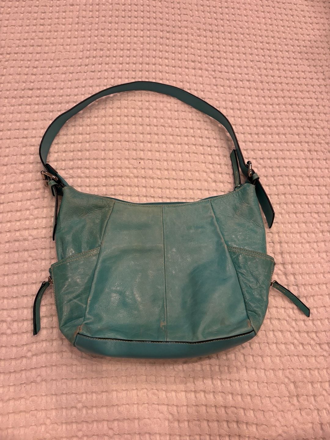 Worthington Teal Distressed Leather Shoulder Bag with Zipper Side Pockets 2