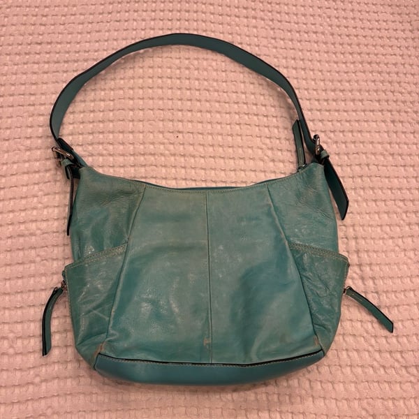 Worthington Teal Distressed Leather Shoulder Bag with Zipper Side Pockets