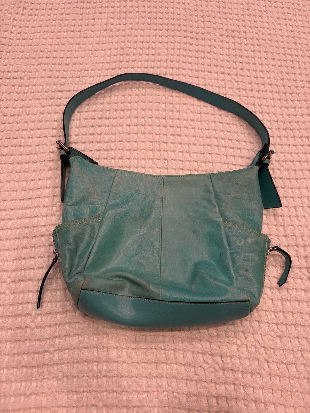 Worthington Teal Distressed Leather Shoulder Bag with Zipper Side Pockets 3