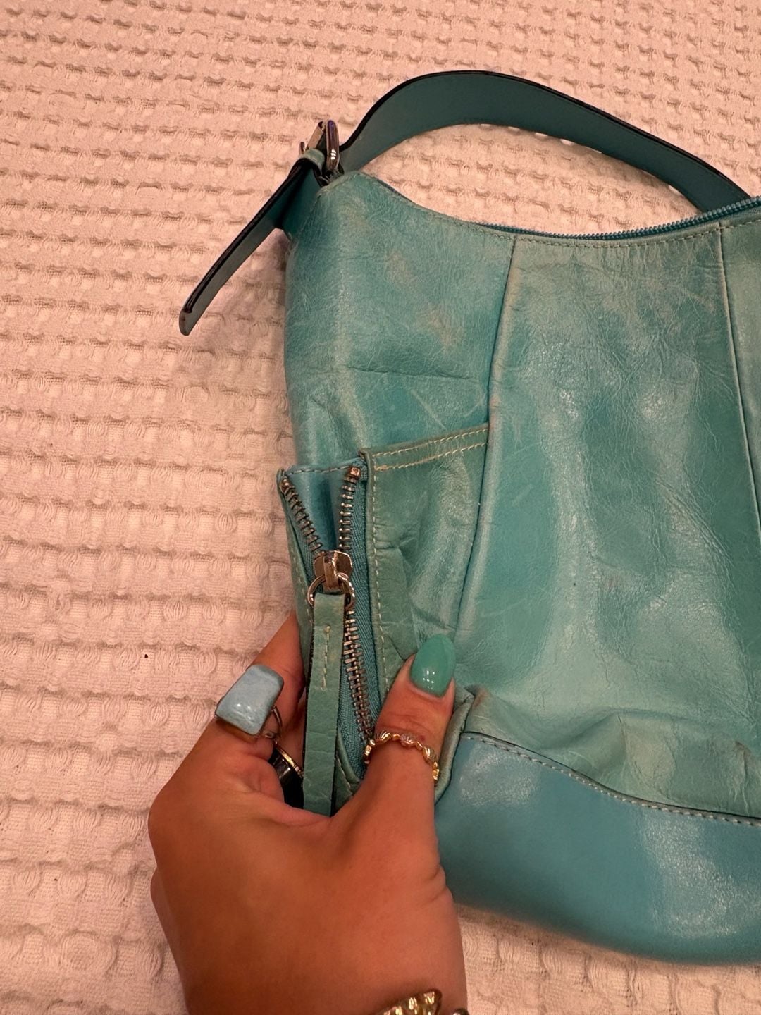 Worthington Teal Distressed Leather Shoulder Bag with Zipper Side Pockets 5