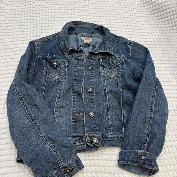 Y2K Route 66 Embellished Denim Jacket with Rhinestone Studs and Heart Embroidery
