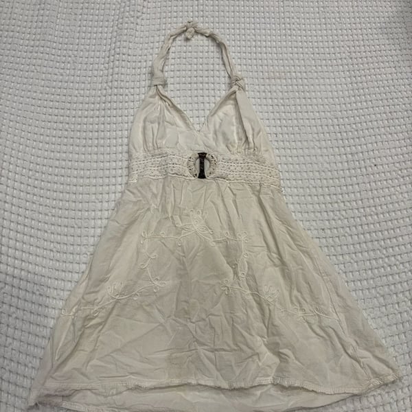 Y2K Giocan Women's White Halter Neck Mini Dress with Embroidered Details and Ring Accent