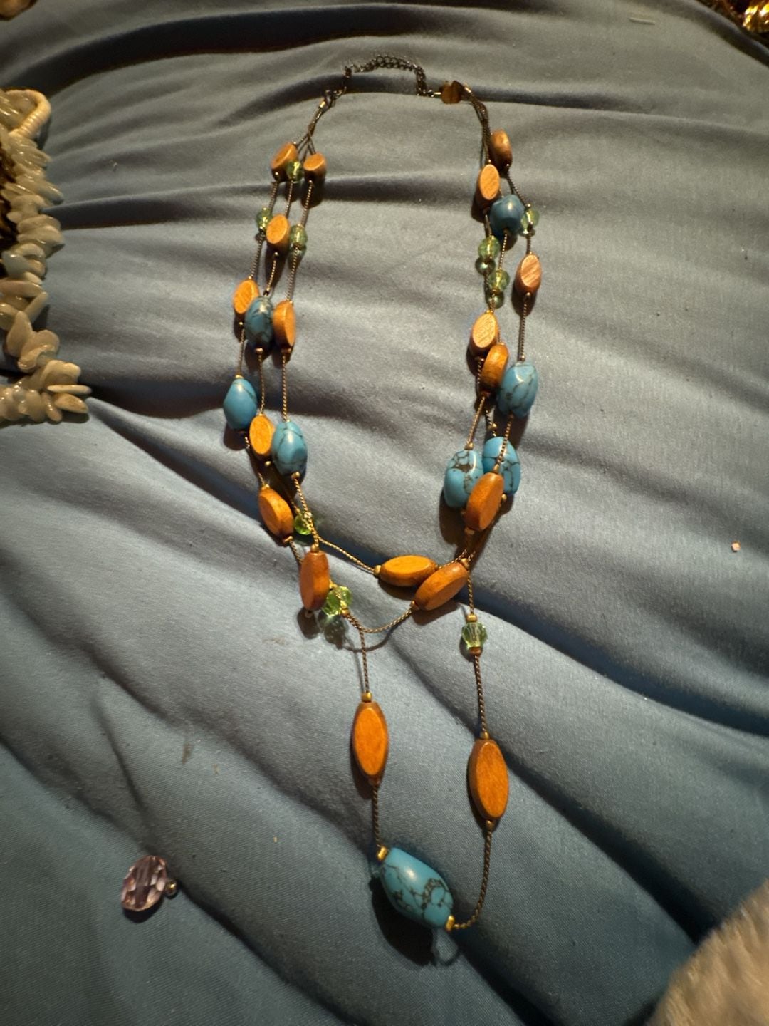 Lia Sophia Bandera Multi-Layer Necklace with Turquoise Beads, Wood Beads, and Green Crystals 2