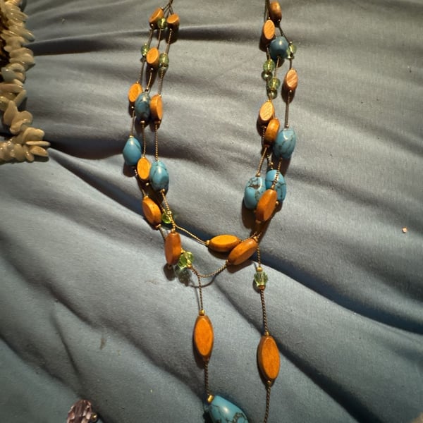 Lia Sophia Bandera Multi-Layer Necklace with Turquoise Beads, Wood Beads, and Green Crystals