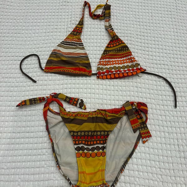 Vintage Y2K Geometric Print Side-Tie Bikini Swimsuit