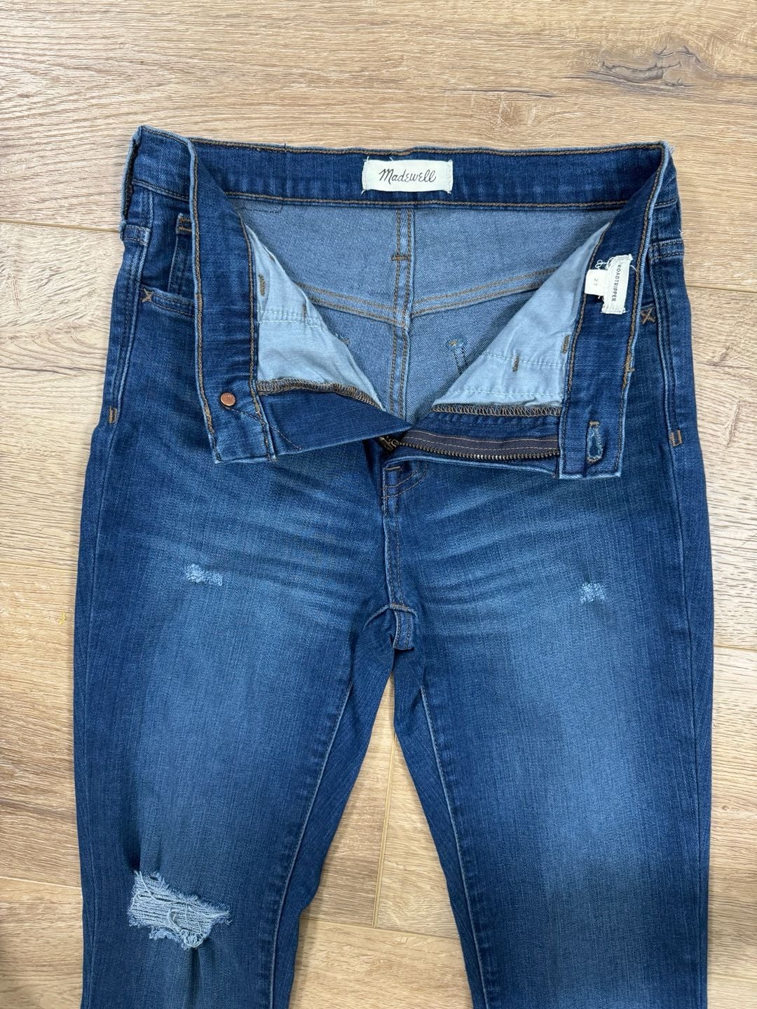 Madewell Roadtripper High Rise Skinny Jeans Raw Hem Distressed Blue Size 27 5