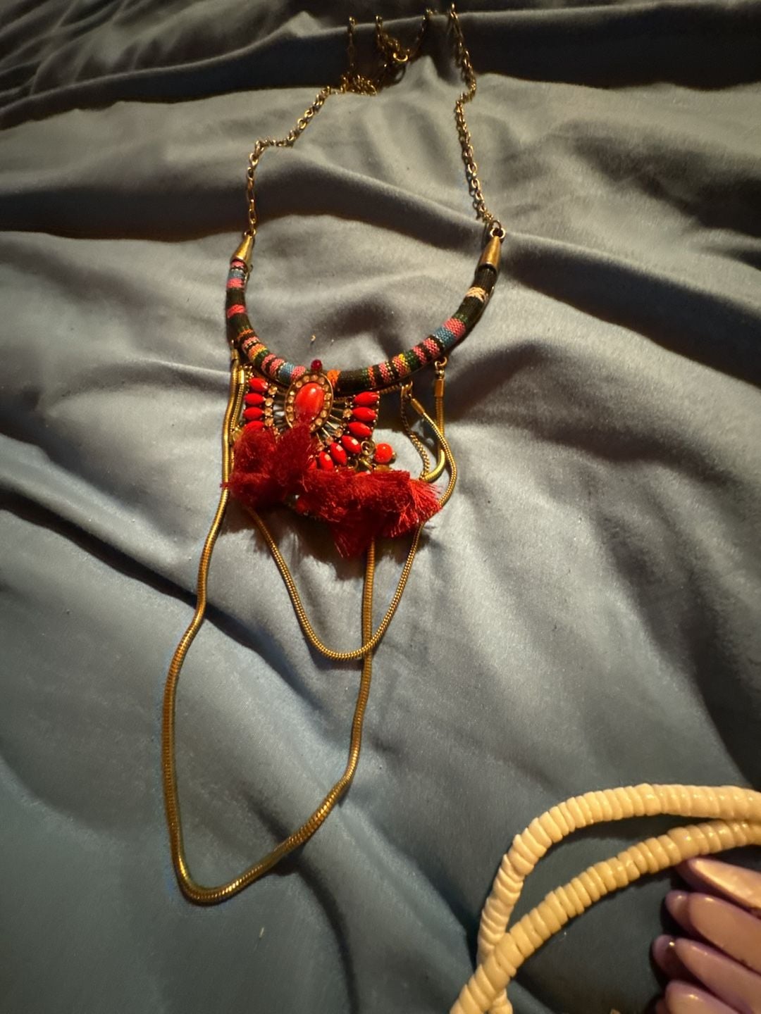 Boho Statement Bib Necklace with Red Tassel and Multi-Color Woven Collar 2
