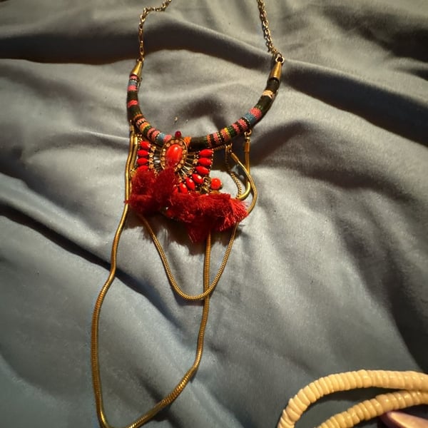 Boho Statement Bib Necklace with Red Tassel and Multi-Color Woven Collar