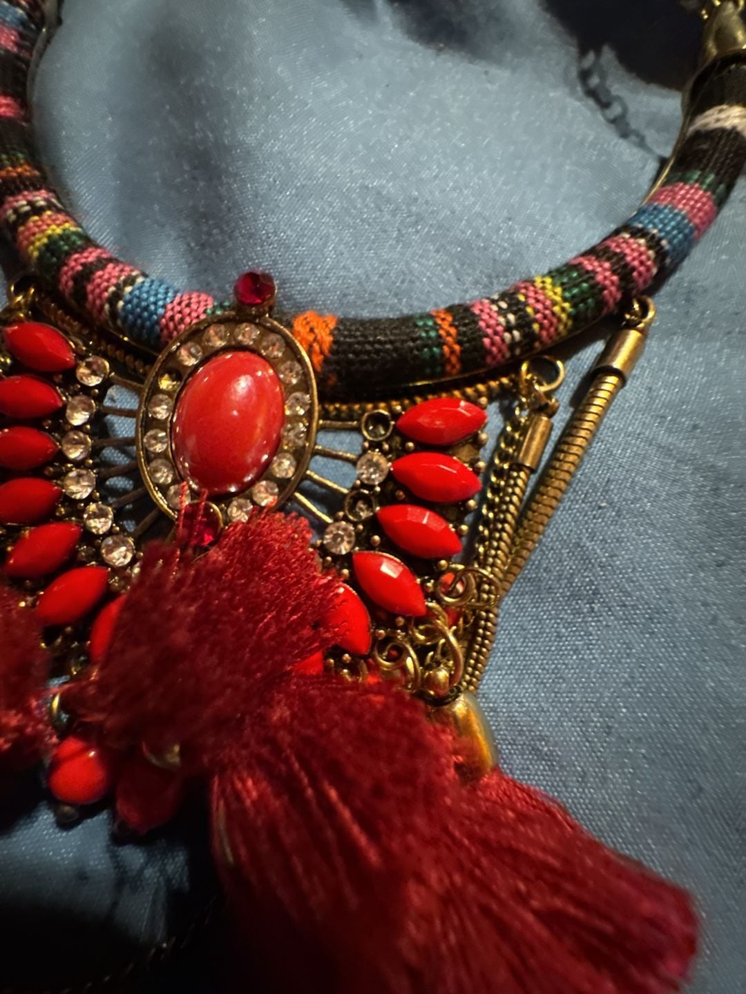 Boho Statement Bib Necklace with Red Tassel and Multi-Color Woven Collar 4