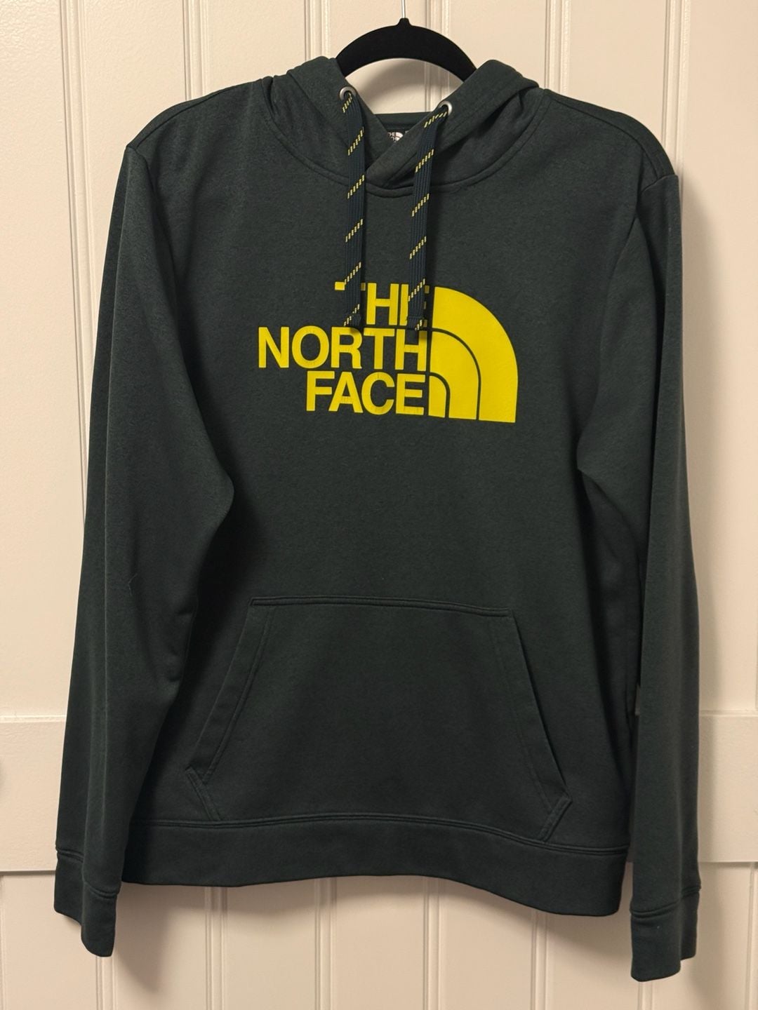 The North Face Men's Half Dome Pullover Hoodie in Dark Green with Yellow Logo 2