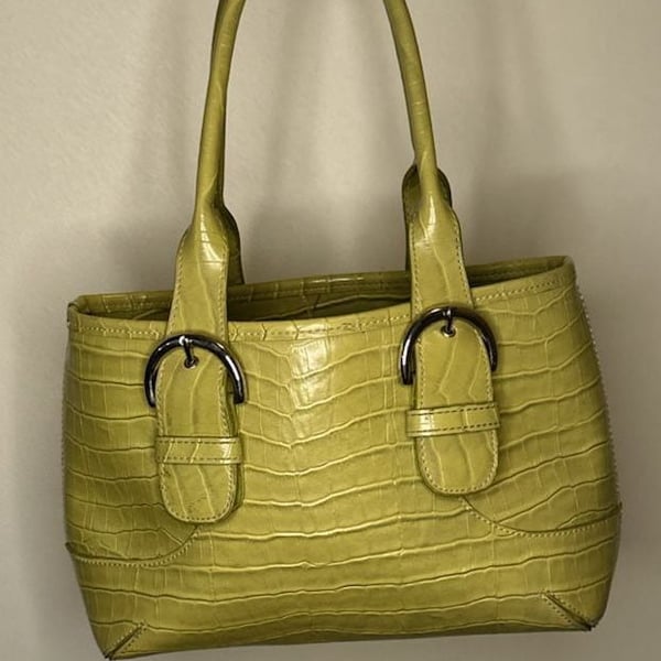 Franco Sarto Lime Green Croc Embossed Leather Satchel with Buckle Detail