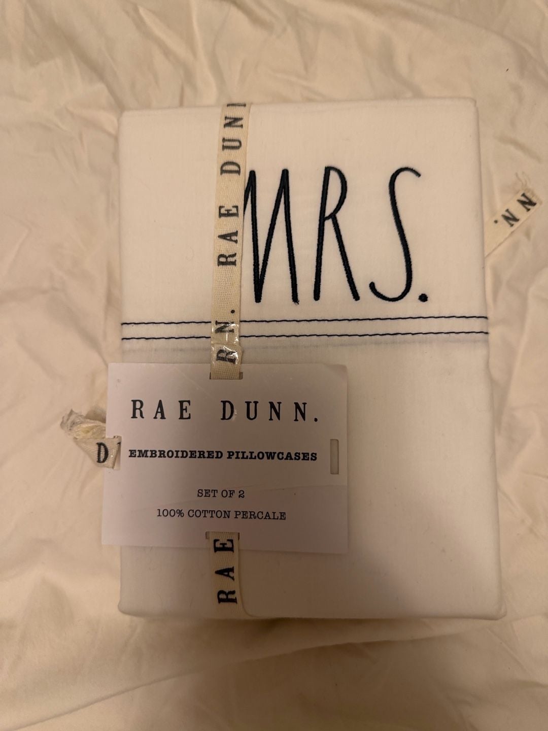 Rae Dunn MRS Embroidered 100% Cotton Percale Pillowcases Set of 2 1