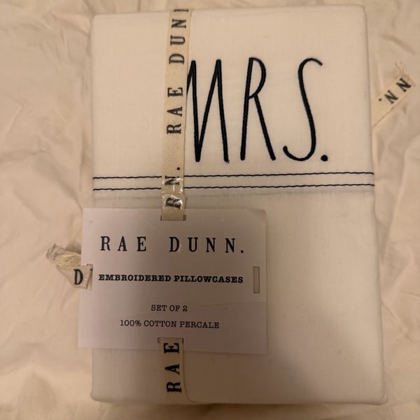 Rae Dunn MRS Embroidered 100% Cotton Percale Pillowcases Set of 2
