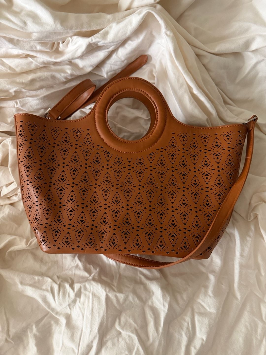 Free People Cognac Laser Cut Leather Tote and Crossbody Bag 2