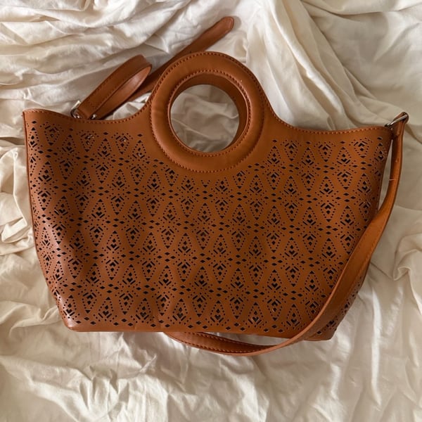 Free People Cognac Laser Cut Leather Tote and Crossbody Bag