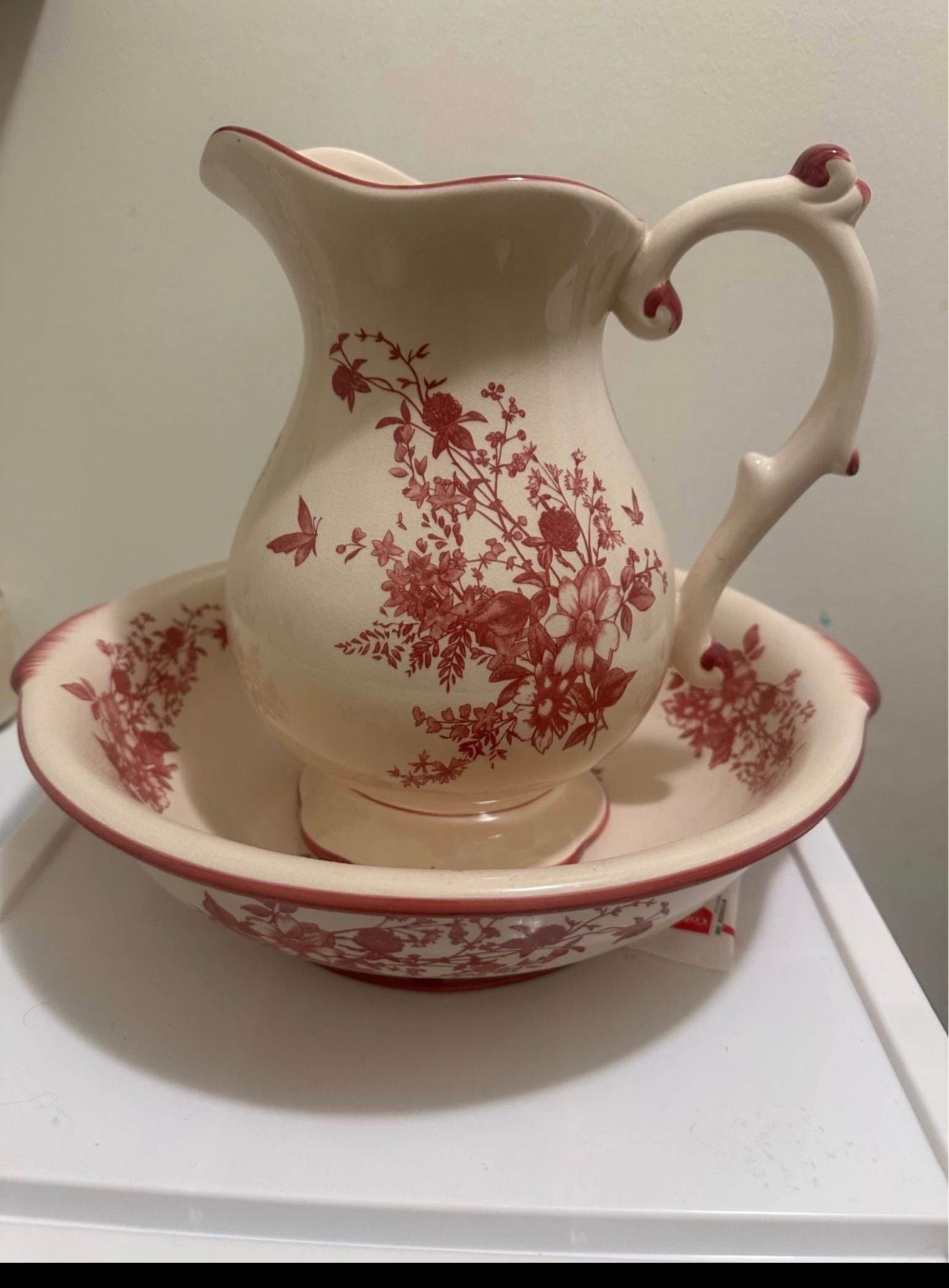 Vintage Ironstone Floral Transferware Wash Basin and Pitcher Set 1