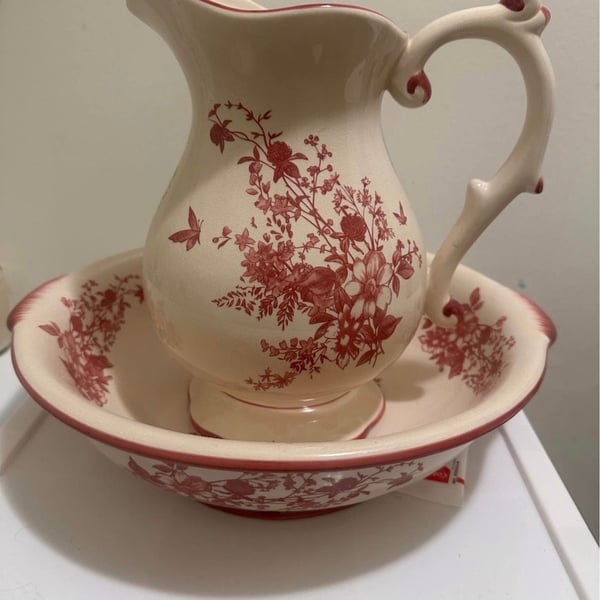 Vintage Ironstone Floral Transferware Wash Basin and Pitcher Set