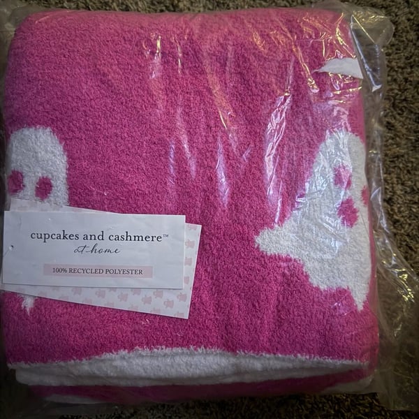 Cupcakes and Cashmere at Home Halloween Pink and White Ghost Throw Blanket