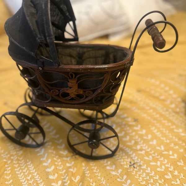 Vintage Miniature Wicker and Wood Doll Carriage Decorative Stroller