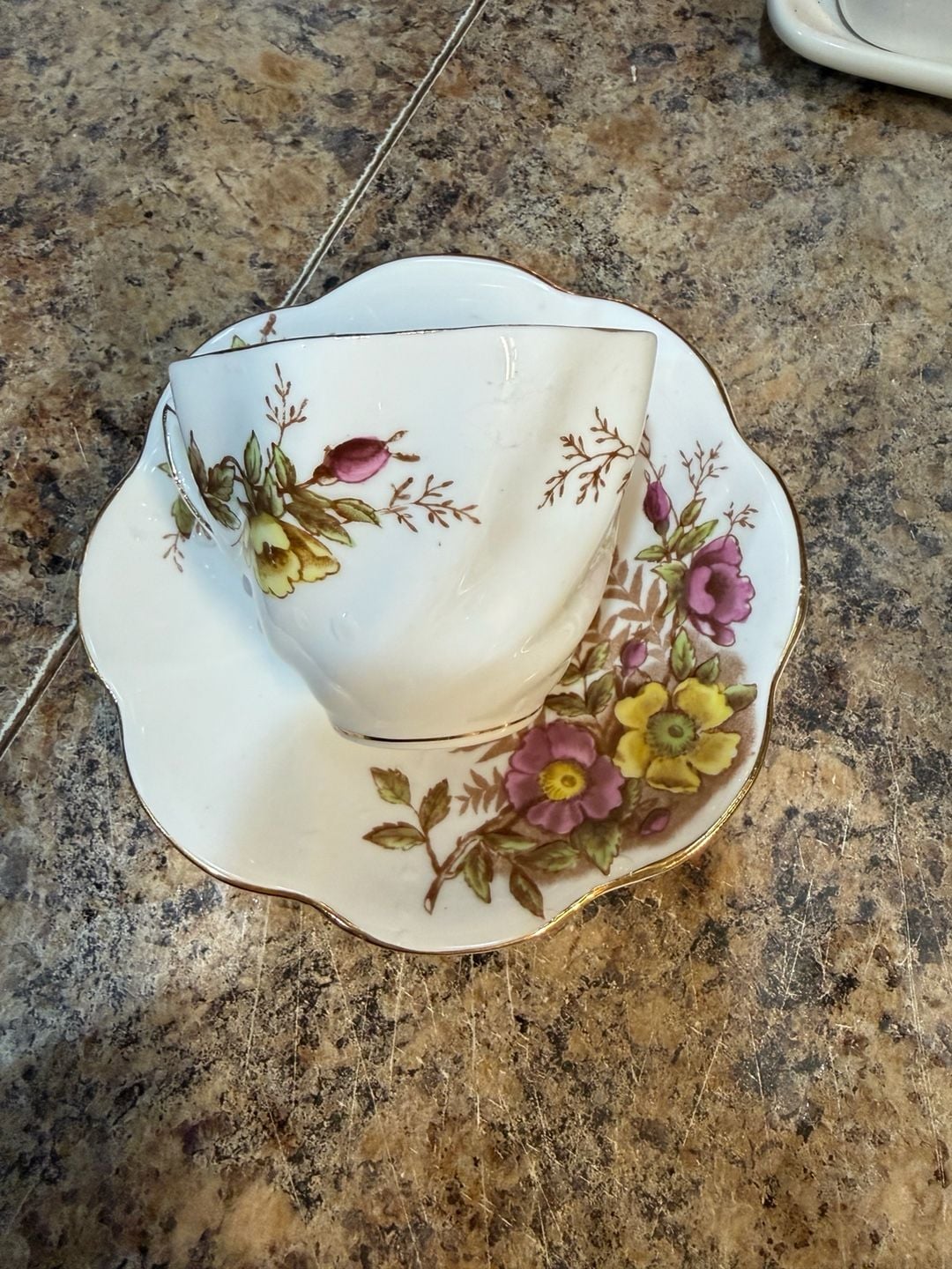 Rosina Bone China 4999A Teacup and Saucer with Pink and Yellow Floral Pattern 1
