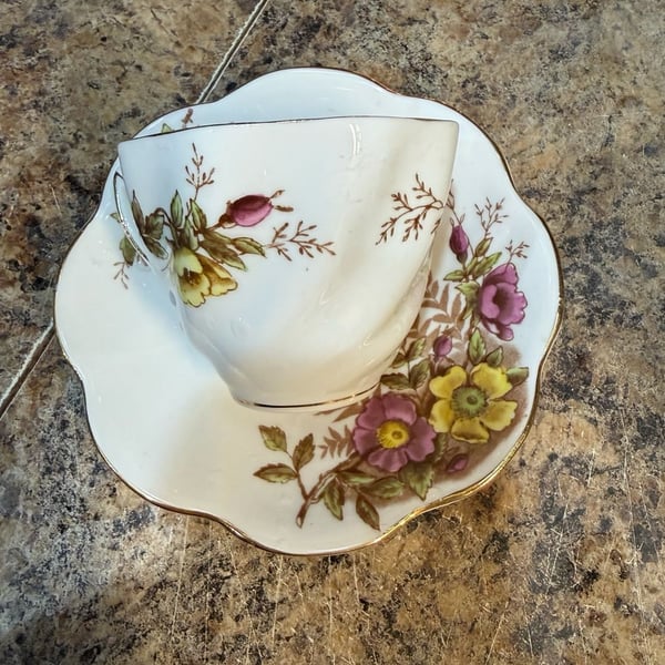 Rosina Bone China 4999A Teacup and Saucer with Pink and Yellow Floral Pattern