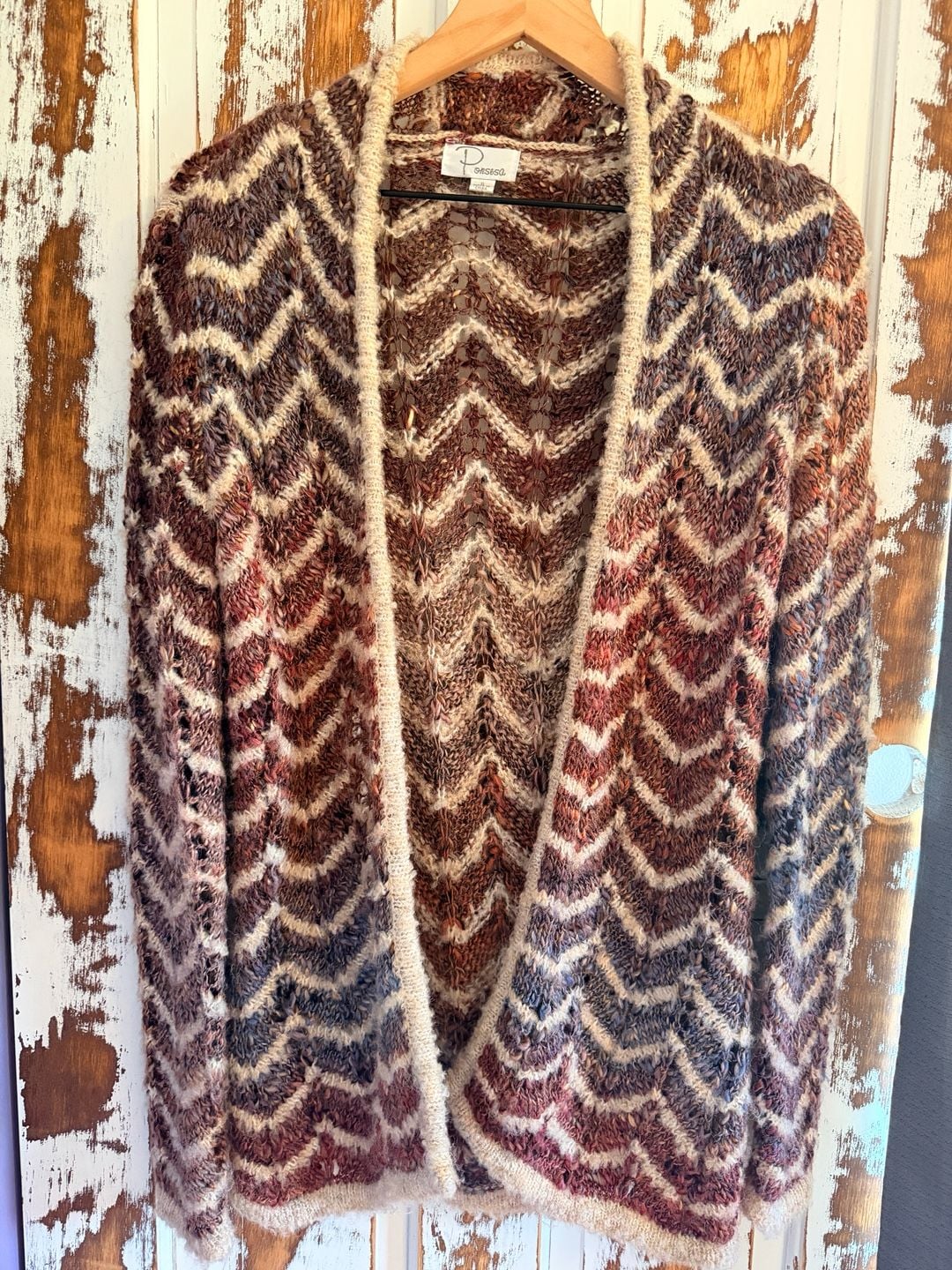 Ponsesa Chunky Knit Open Front Cardigan Size S Multicolor Chevron Hippie Boho 2