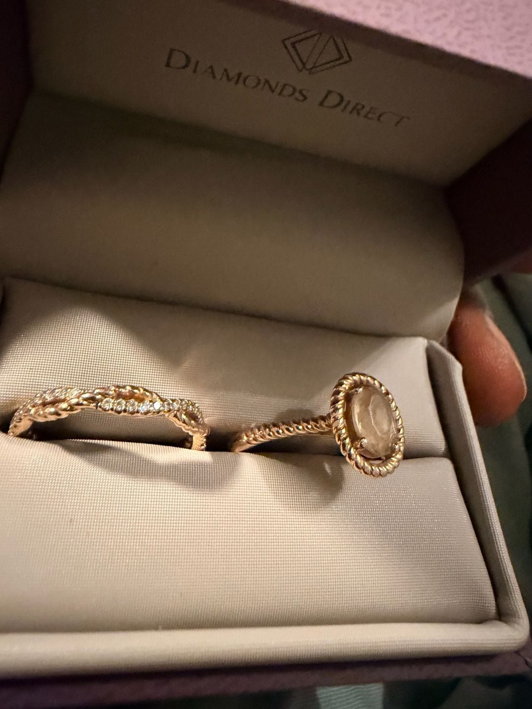 Diamonds Direct 14k Rose Gold Oval Morganite and Diamond Rope Design Stackable Ring Set 2