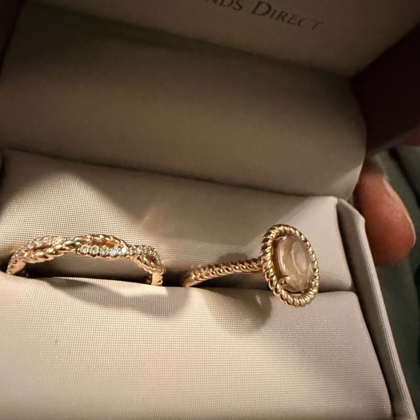 Diamonds Direct 14k Rose Gold Oval Morganite and Diamond Rope Design Stackable Ring Set