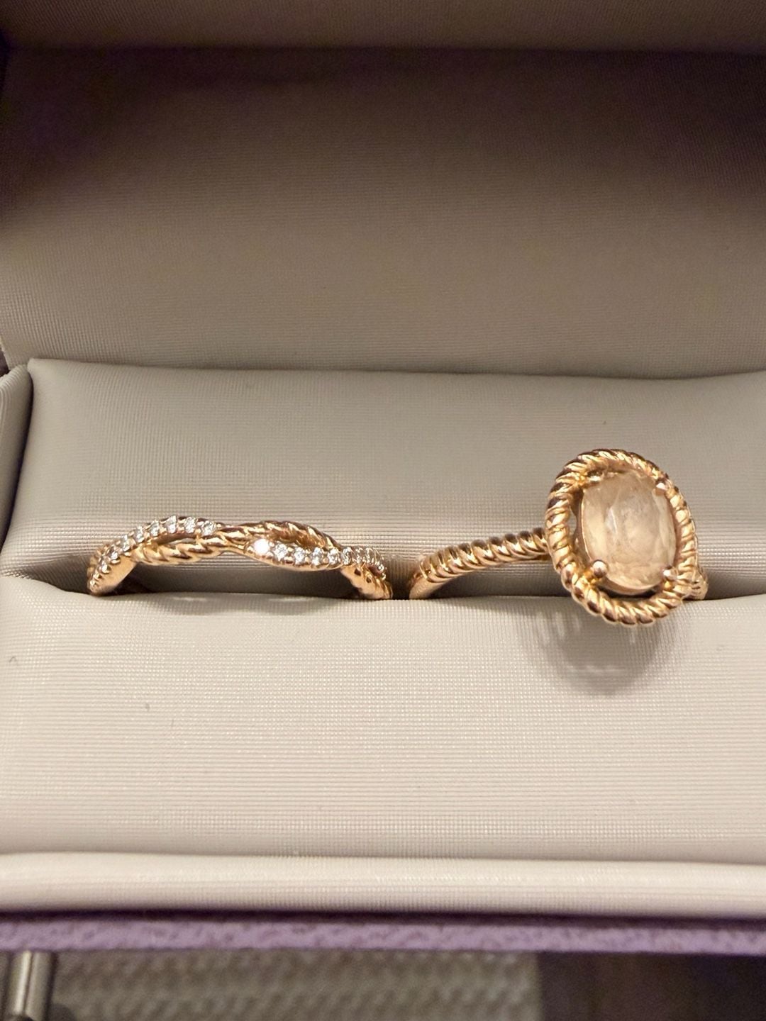 Diamonds Direct 14k Rose Gold Oval Morganite and Diamond Rope Design Stackable Ring Set 6