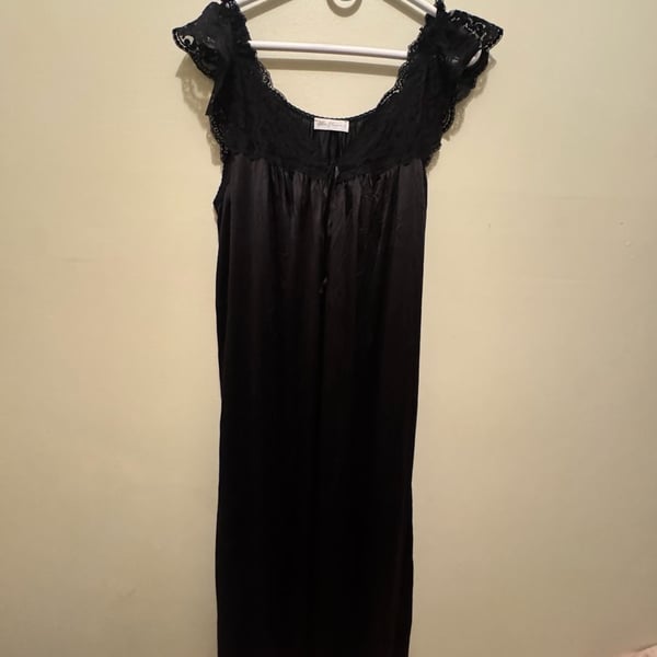 Miss Elaine Vintage Black Lace Trim Satin Nightgown