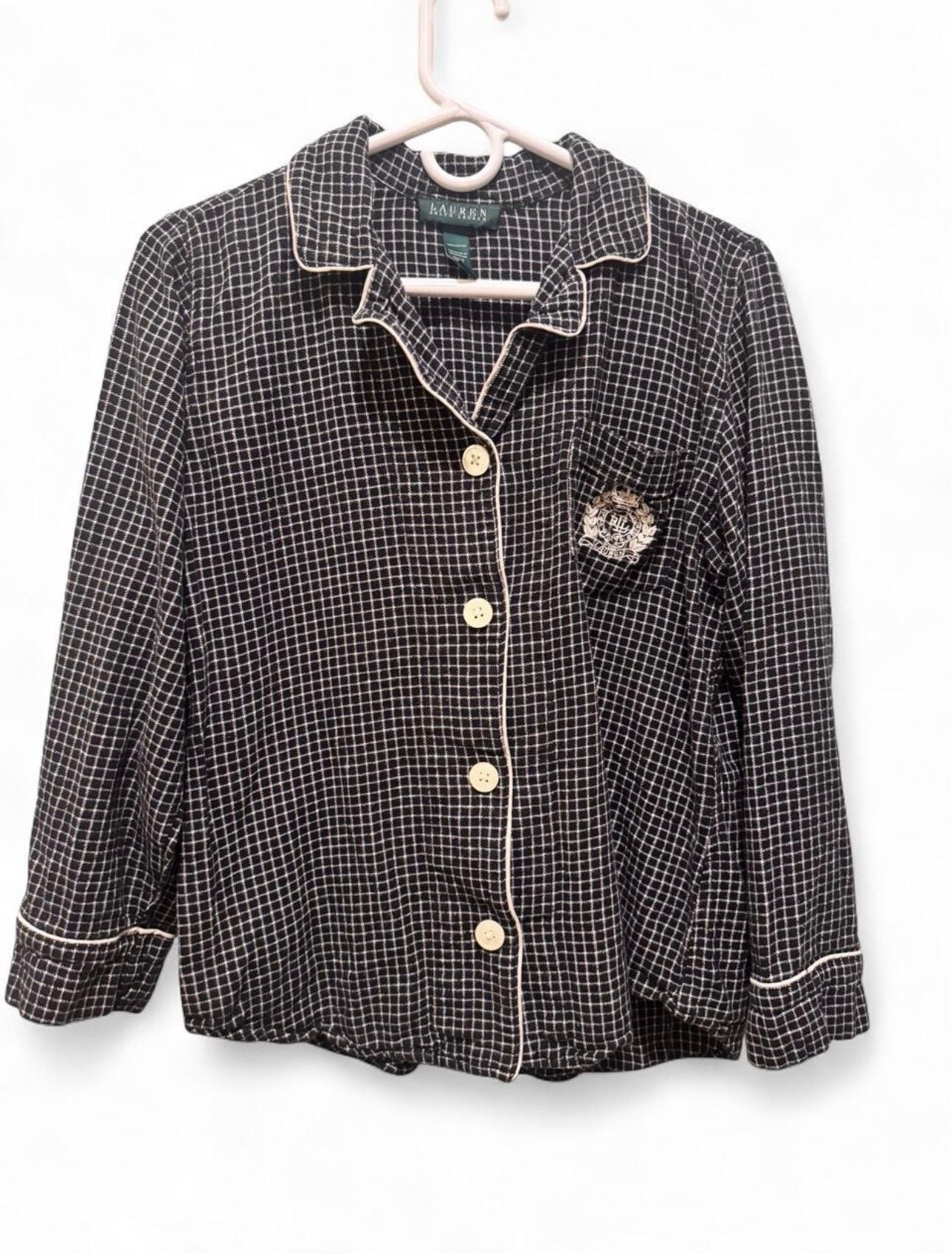 Lauren Ralph Lauren Women's Black and Cream Check Flannel Pajama Top with LRL Monogram 2