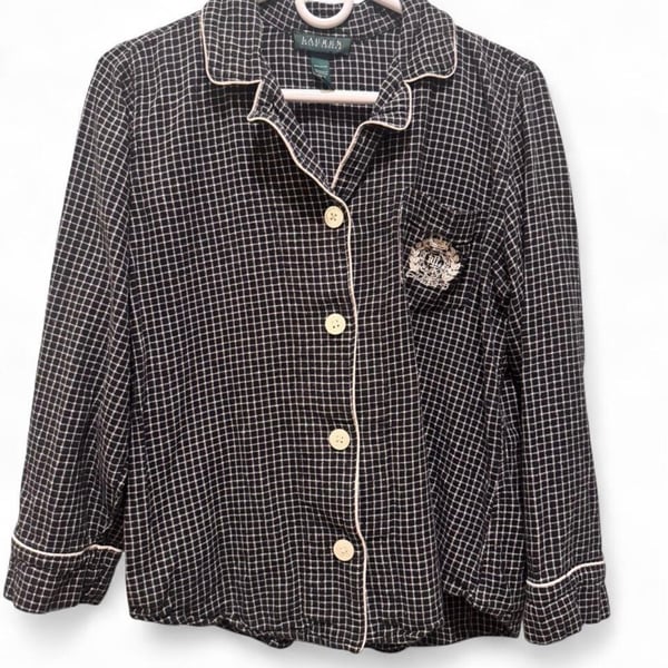 Lauren Ralph Lauren Women's Black and Cream Check Flannel Pajama Top with LRL Monogram