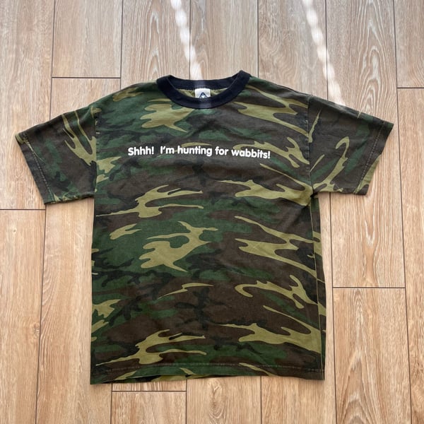 Vintage Camo Ringer T-Shirt with "Shhh! I'm hunting for wabbits!" Graphic