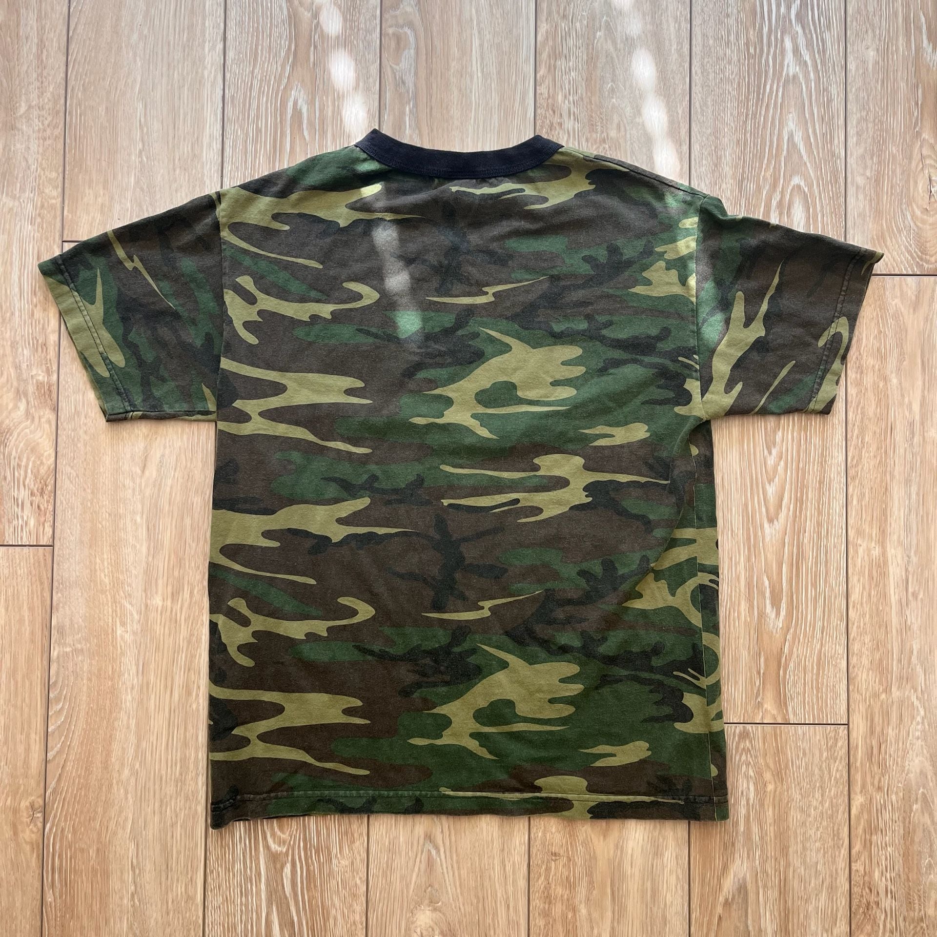 Vintage Camo Ringer T-Shirt with "Shhh! I'm hunting for wabbits!" Graphic 7