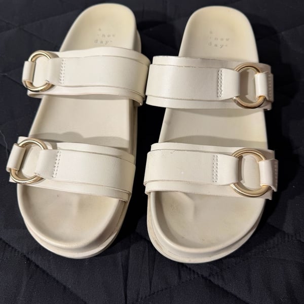 A New Day Marcy Two-Band Buckle Footbed Sandals in Cream