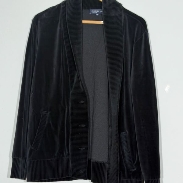 Jones New York Signature Black Velour Shawl Collar Button Cardigan Jacket