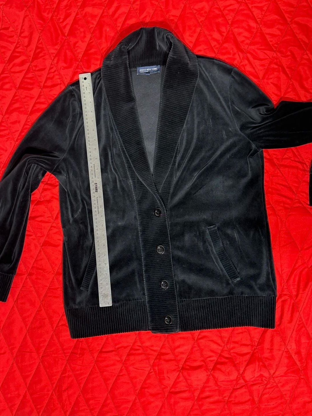 Jones New York Signature Black Velour Shawl Collar Button Cardigan Jacket 7
