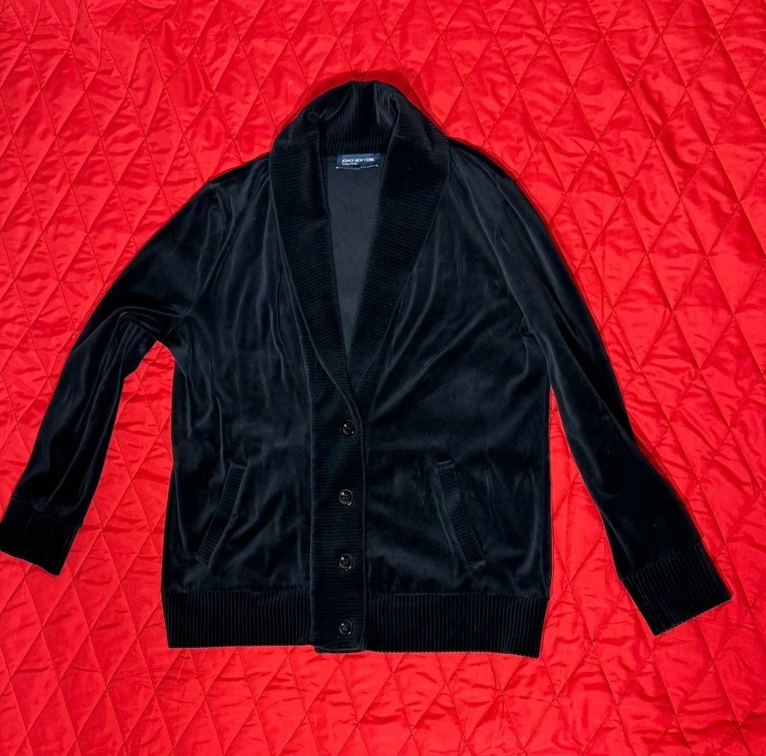 Jones New York Signature Black Velour Shawl Collar Button Cardigan Jacket 8