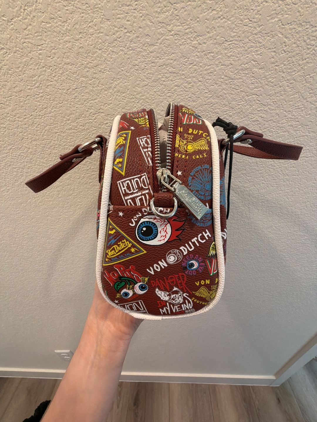 Von Dutch Jax Bowling Bag in Brown with Multi-Color Graphic Logo Print 4