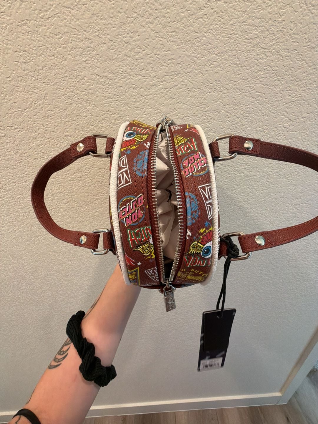 Von Dutch Jax Bowling Bag in Brown with Multi-Color Graphic Logo Print 5