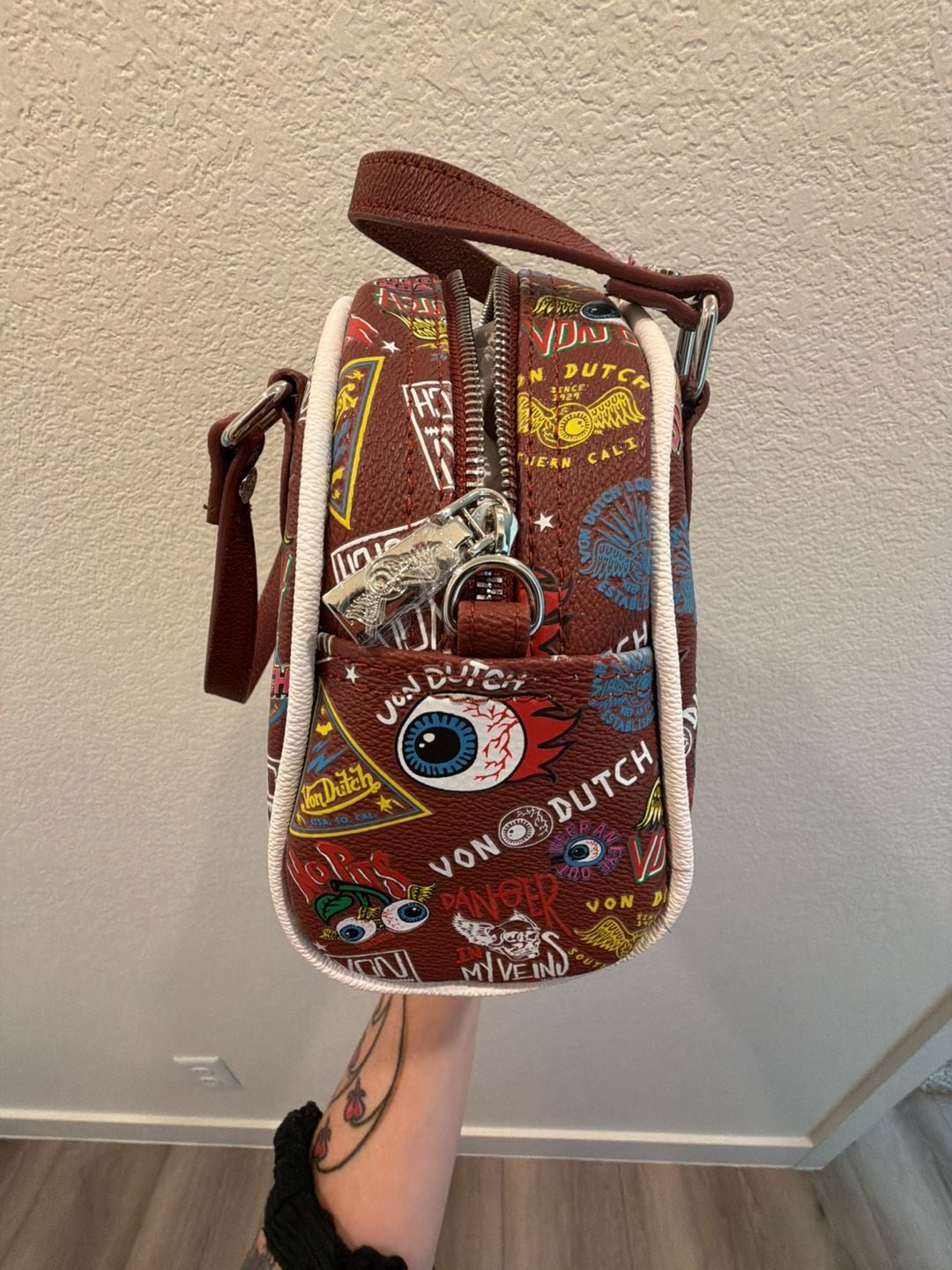 Von Dutch Jax Bowling Bag in Brown with Multi-Color Graphic Logo Print 7