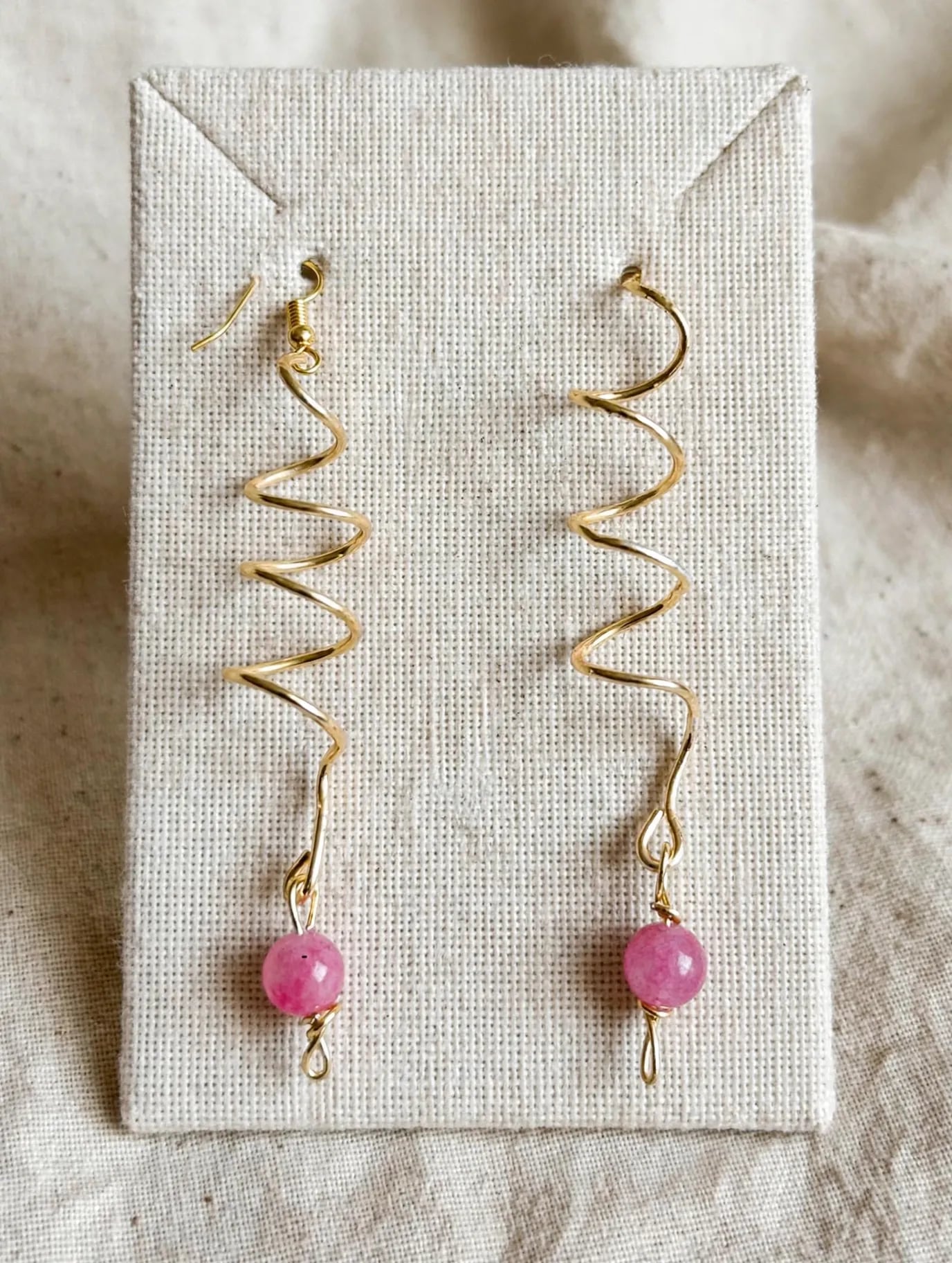 Handmade Gold Tone Wire Spiral Dangle Earrings with Pink Stone Beads 1