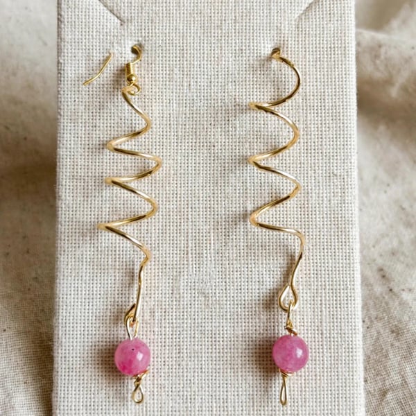 Handmade Gold Tone Wire Spiral Dangle Earrings with Pink Stone Beads