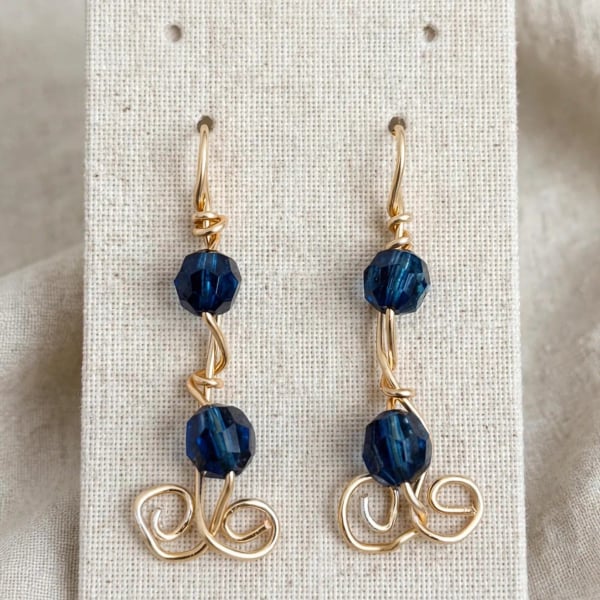 Whimsical Hand-Wired Gold-Tone Earrings with Cobalt Blue Crystal Beads