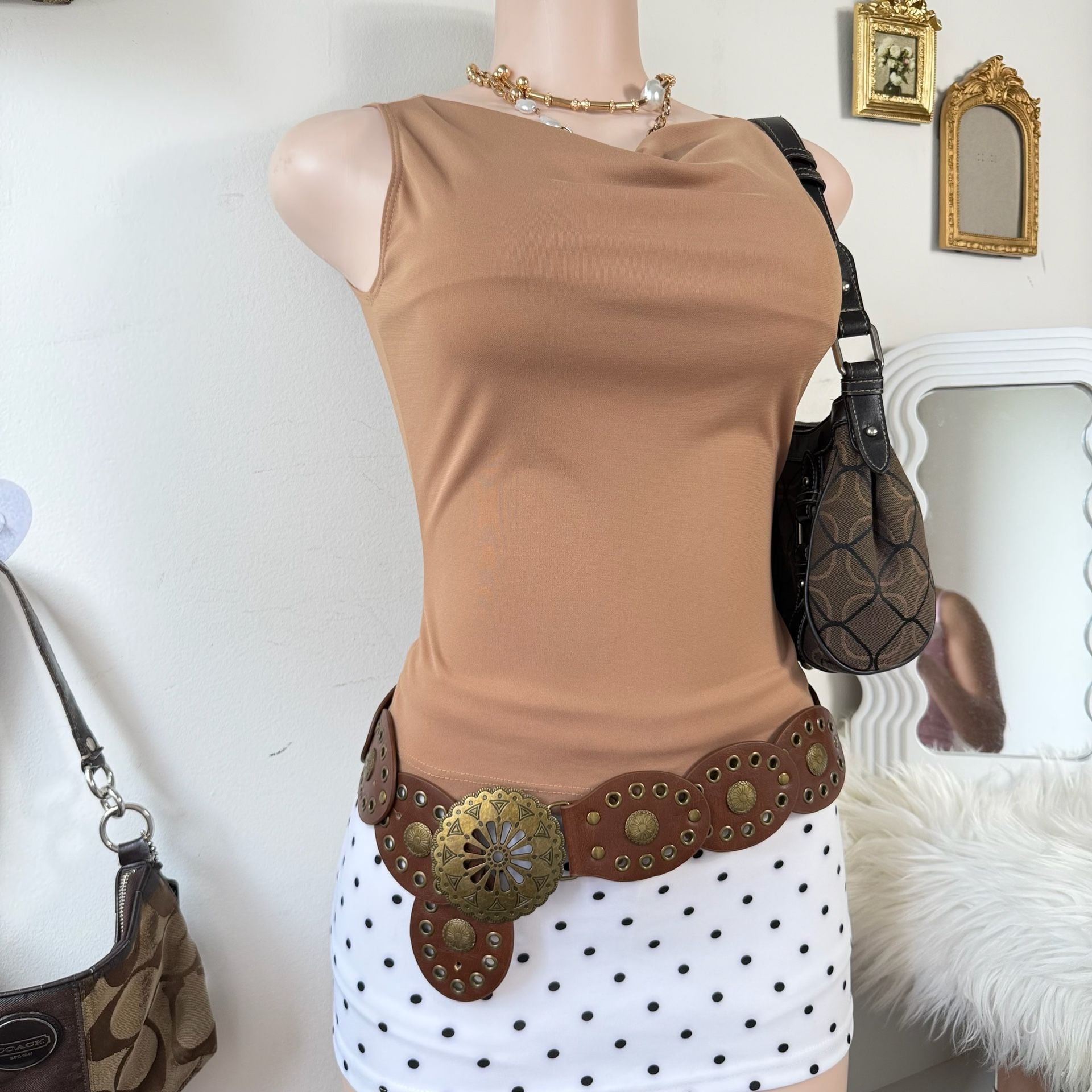Y2K Vixen Cowl Neck Tank Top in Tan 4