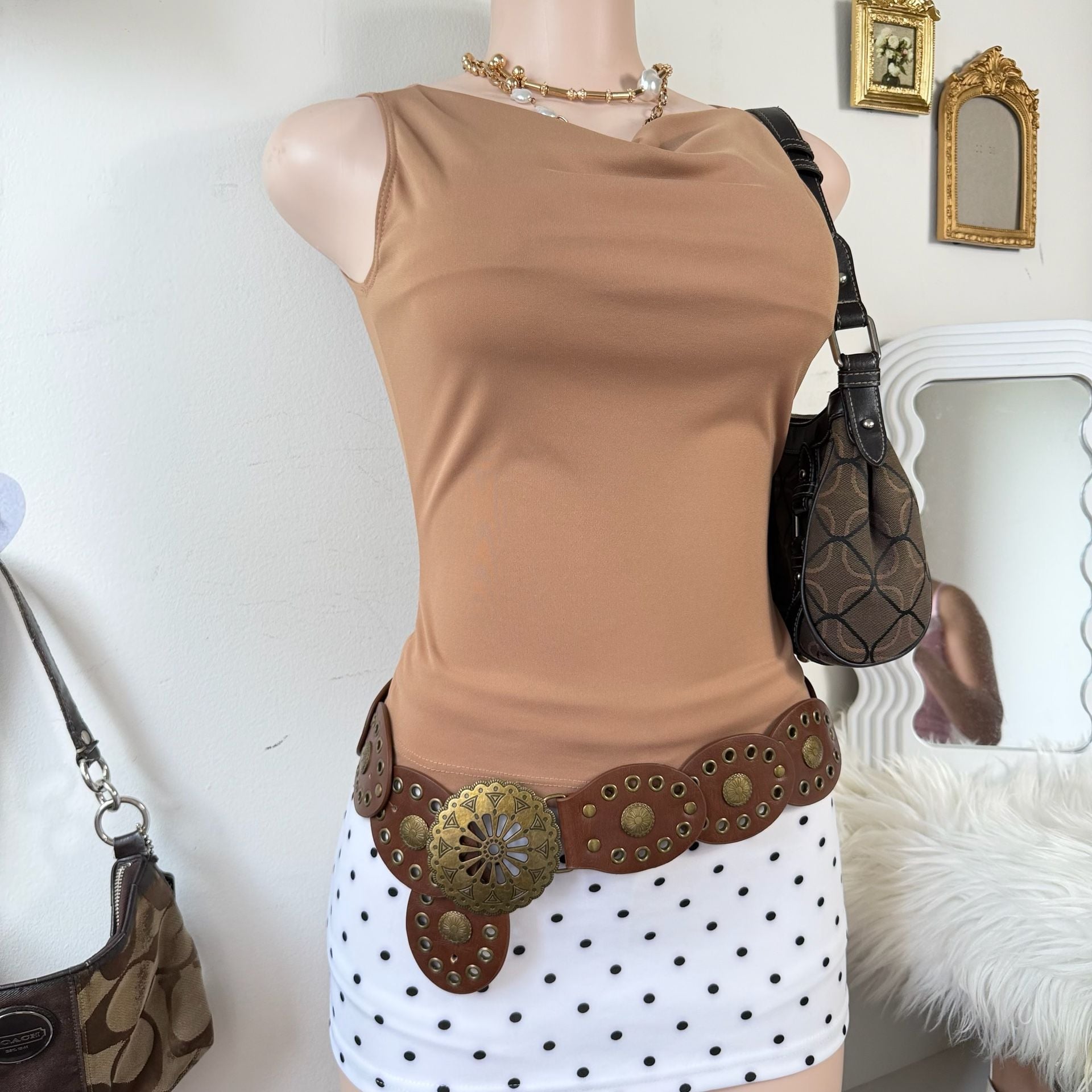 Y2K Vixen Cowl Neck Tank Top in Tan 5