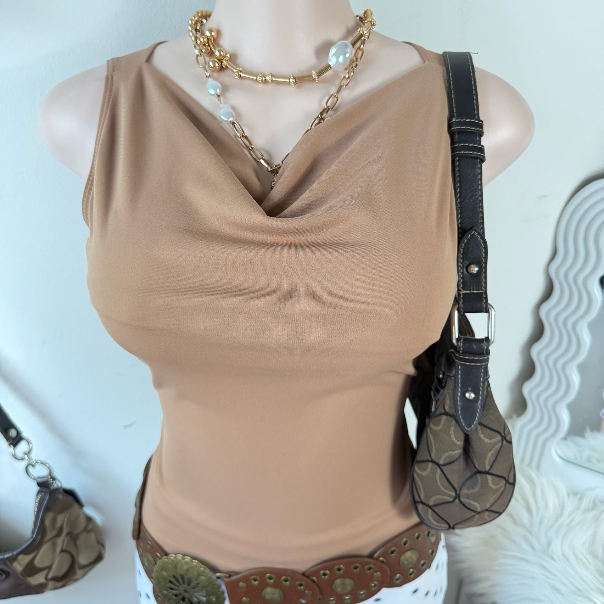 Y2K Vixen Cowl Neck Tank Top in Tan 7