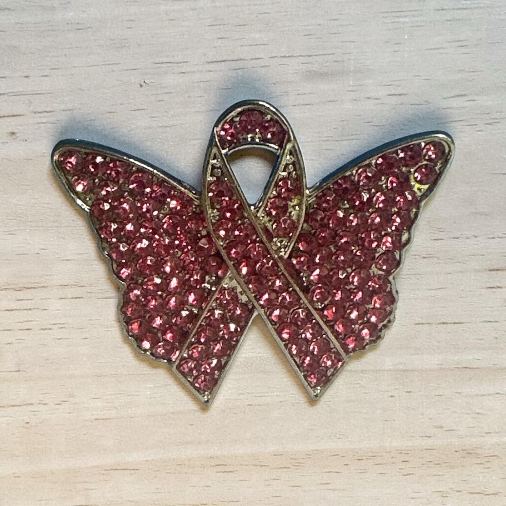 Breast Cancer Awareness Butterfly Pin with Pink Rhinestones and Ribbon Design 2