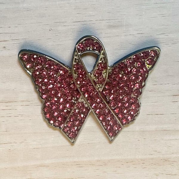 Breast Cancer Awareness Butterfly Pin with Pink Rhinestones and Ribbon Design